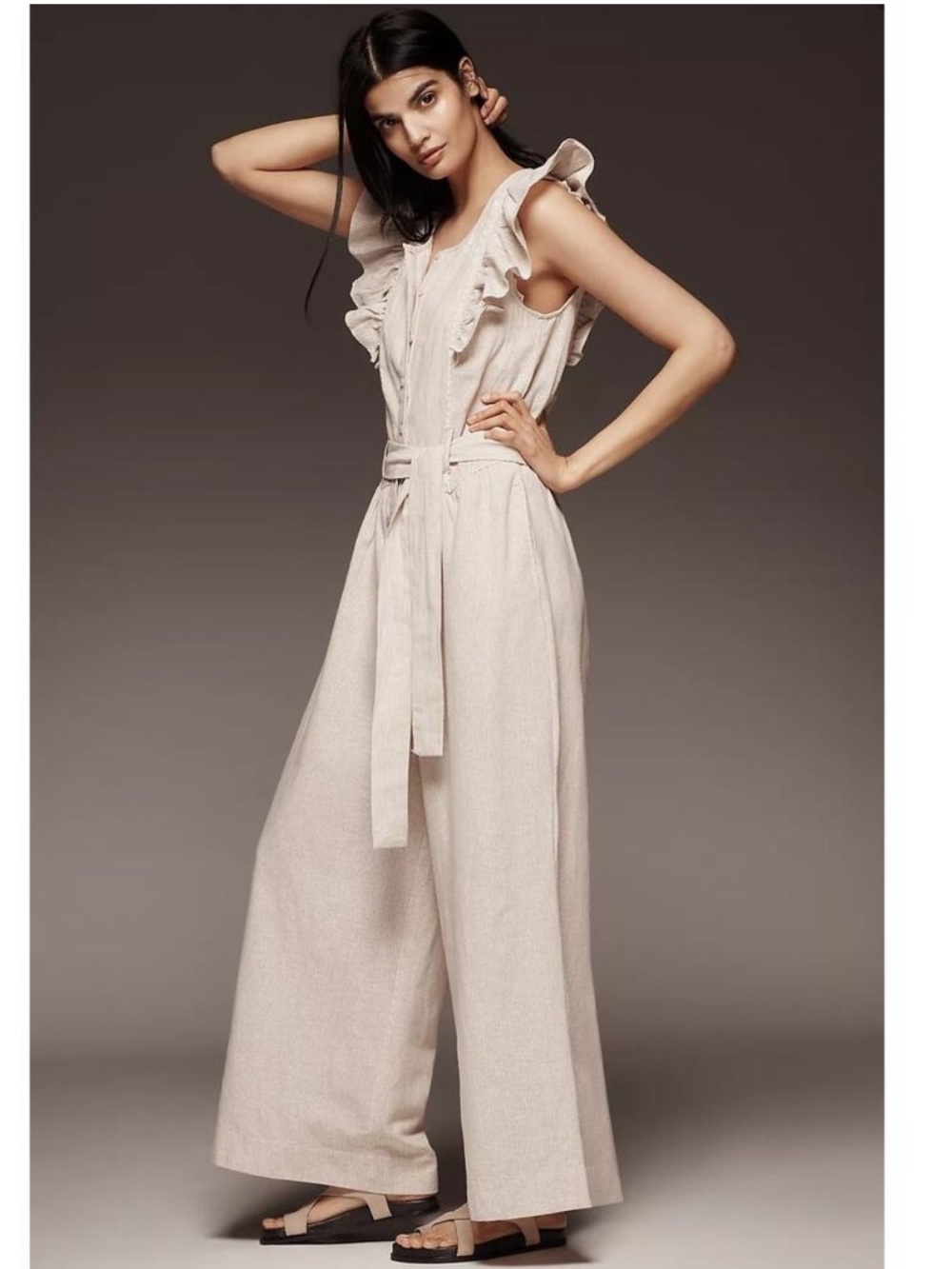By Anthropologie Linen Blend Ruffle Jumpsuit in Neutral Pinstripe Size XS